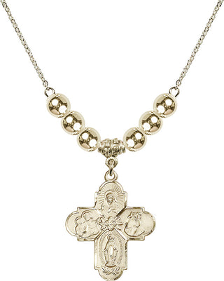 18" Hamilton Gold Plated Necklace with 6mm 14kt Gold Filled Beads featuring a 14kt Gold Filled 4-Way Medal.