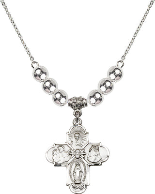 18" Rhodium Plated Necklace with 6mm Sterling Silver Beads featuring a Sterling Silver 4-Way Medal.