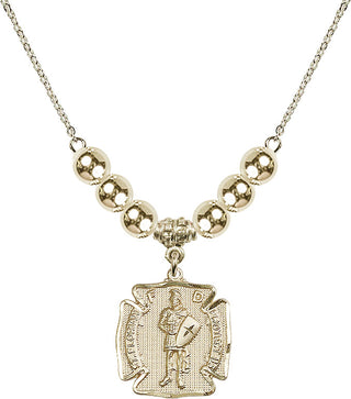 18" Hamilton Gold Plated Necklace with 6mm 14kt Gold Filled Beads featuring a 14kt Gold Filled Saint Florian Medal. Engraved Catholic Saint Jewelry