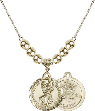 18" Hamilton Gold Plated Necklace with 6mm 14kt Gold Filled Beads featuring a 14kt Gold Filled Saint Christopher / Army Medal.