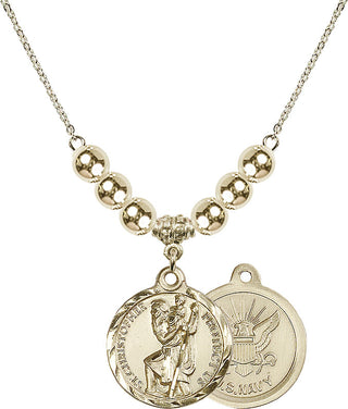 18" Hamilton Gold Plated Necklace with 6mm 14kt Gold Filled Beads featuring a 14kt Gold Filled Saint Christopher / Navy Medal.