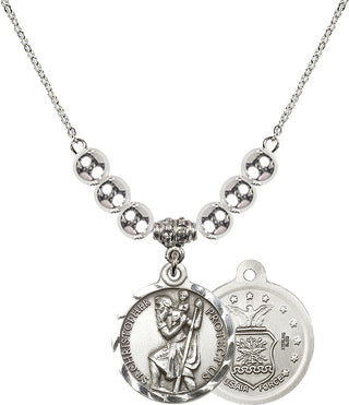18" Rhodium Plated Necklace with 6mm Sterling Silver Beads featuring a Sterling Silver Saint Christopher / Air Force Medal.