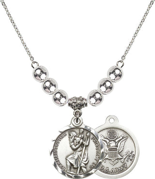 18" Rhodium Plated Necklace with 6mm Sterling Silver Beads featuring a Sterling Silver Saint Christopher / Army Medal.