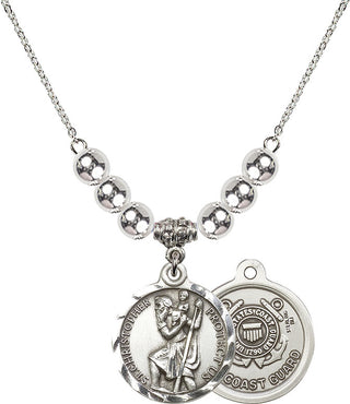 18" Rhodium Plated Necklace with 6mm Sterling Silver Beads featuring a Sterling Silver Saint Christopher / Coast Guard Medal.