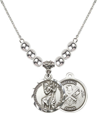 18" Rhodium Plated Necklace with 6mm Sterling Silver Beads featuring a Sterling Silver Saint Christopher / Nat'l Guard Medal.