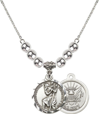 18" Rhodium Plated Necklace with 6mm Sterling Silver Beads featuring a Sterling Silver Saint Christopher / Navy Medal.