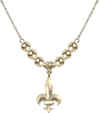 18" Hamilton Gold Plated Necklace with 6mm 14kt Gold Filled Beads featuring a 14kt Gold Filled Fleur de Lis Medal.