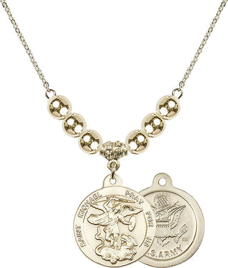 18" Hamilton Gold Plated Necklace with 6mm 14kt Gold Filled Beads featuring a 14kt Gold Filled Saint Michael / Army Medal.