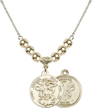 18" Hamilton Gold Plated Necklace with 6mm 14kt Gold Filled Beads featuring a 14kt Gold Filled Saint Michael / Nat'l Guard Medal.
