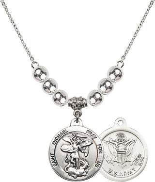 18" Rhodium Plated Necklace with 6mm Sterling Silver Beads featuring a Sterling Silver Saint Michael / Army Medal.