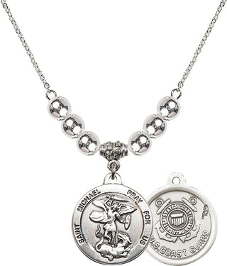 18" Rhodium Plated Necklace with 6mm Sterling Silver Beads featuring a Sterling Silver Saint Michael / Coast Guard Medal.