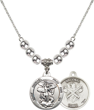 18" Rhodium Plated Necklace with 6mm Sterling Silver Beads featuring a Sterling Silver Saint Michael / Nat'l Guard Medal.
