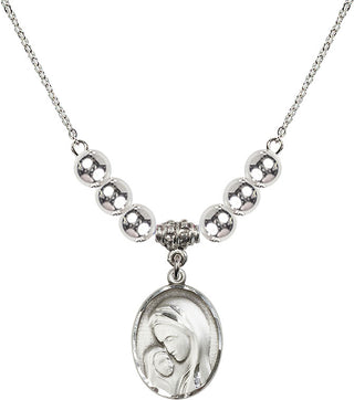 18" Rhodium Plated Necklace with 6mm Sterling Silver Beads featuring a Sterling Silver Madonna & Child Medal.