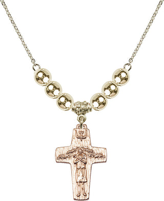 18" Hamilton Gold Plated Necklace with 6mm 14kt Gold Filled Beads featuring a 14kt Gold Filled Papal Crucifix Medal.