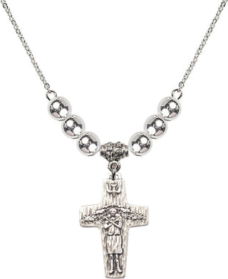 18" Rhodium Plated Necklace with 6mm Sterling Silver Beads featuring a Sterling Silver Papal Crucifix Medal.