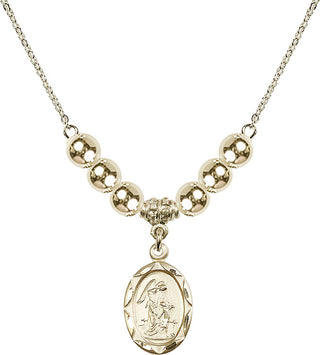 18" Hamilton Gold Plated Necklace with 6mm 14kt Gold Filled Beads featuring a 14kt Gold Filled Guardian Angel Medal. Engraved Catholic Saint Jewelry
