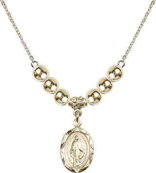 18" Hamilton Gold Plated Necklace with 6mm 14kt Gold Filled Beads featuring a 14kt Gold Filled Miraculous Medal.
