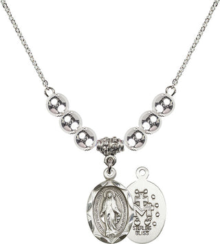 18" Rhodium Plated Necklace with 6mm Sterling Silver Beads featuring a Sterling Silver Miraculous Medal.