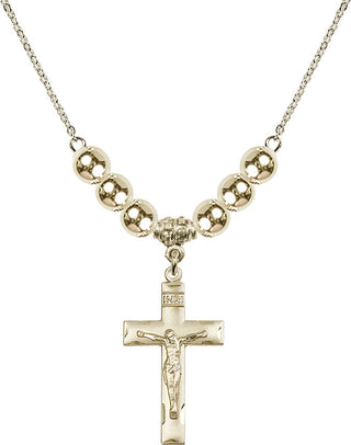 18" Hamilton Gold Plated Necklace with 6mm 14kt Gold Filled Beads featuring a 14kt Gold Filled Crucifix Medal.