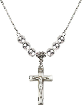 18" Rhodium Plated Necklace with 6mm Sterling Silver Beads featuring a Sterling Silver Crucifix Medal.