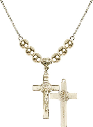 18" Hamilton Gold Plated Necklace with 6mm 14kt Gold Filled Beads featuring a 14kt Gold Filled Saint Benedict Crucifix Medal.