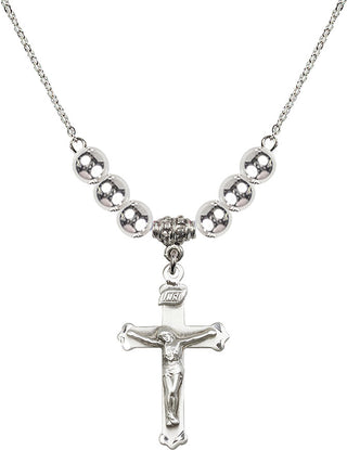18" Rhodium Plated Necklace with 6mm Sterling Silver Beads featuring a Sterling Silver Crucifix Medal.