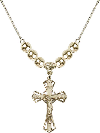 18" Hamilton Gold Plated Necklace with 6mm 14kt Gold Filled Beads featuring a 14kt Gold Filled Crucifix Medal.