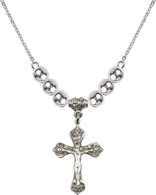 18" Rhodium Plated Necklace with 6mm Sterling Silver Beads featuring a Sterling Silver Crucifix Medal.