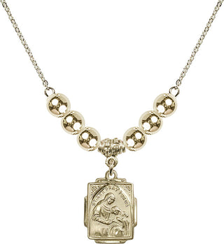 18" Hamilton Gold Plated Necklace with 6mm 14kt Gold Filled Beads featuring a 14kt Gold Filled Saint Ann Medal. Engraved Catholic Saint Jewelry