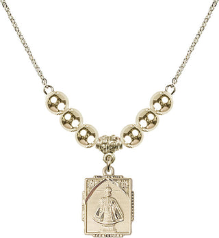 18" Hamilton Gold Plated Necklace with 6mm 14kt Gold Filled Beads featuring a 14kt Gold Filled Infant of Prague Medal. Engraved Catholic Saint Jewelry