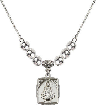 18" Rhodium Plated Necklace with 6mm Sterling Silver Beads featuring a Sterling Silver Infant of Prague Medal. Engraved Catholic Saint Jewelry