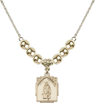 18" Hamilton Gold Plated Necklace with 6mm 14kt Gold Filled Beads featuring a 14kt Gold Filled Saint Peregrine Medal. Engraved Catholic Saint Jewelry