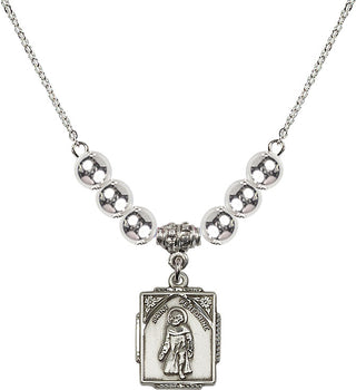 18" Rhodium Plated Necklace with 6mm Sterling Silver Beads featuring a Sterling Silver Saint Peregrine Medal. Engraved Catholic Saint Jewelry