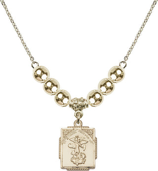 18" Hamilton Gold Plated Necklace with 6mm 14kt Gold Filled Beads featuring a 14kt Gold Filled Saint Michael the Archangel Medal. Engraved Catholic Saint Jewelry