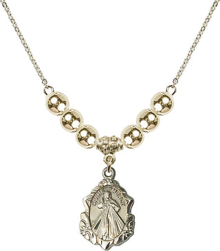 18" Hamilton Gold Plated Necklace with 6mm 14kt Gold Filled Beads featuring a 14kt Gold Filled Divine Mercy Medal. Engraved Catholic Saint Jewelry