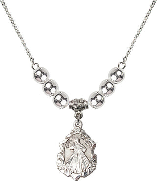 18" Rhodium Plated Necklace with 6mm Sterling Silver Beads featuring a Sterling Silver Divine Mercy Medal. Engraved Catholic Saint Jewelry