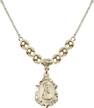 18" Hamilton Gold Plated Necklace with 6mm 14kt Gold Filled Beads featuring a 14kt Gold Filled Infant of Prague Medal. Engraved Catholic Saint Jewelry
