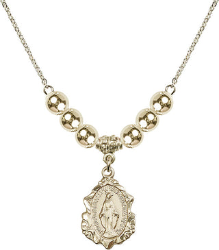 18" Hamilton Gold Plated Necklace with 6mm 14kt Gold Filled Beads featuring a 14kt Gold Filled Miraculous Medal. Engraved Catholic Saint Jewelry