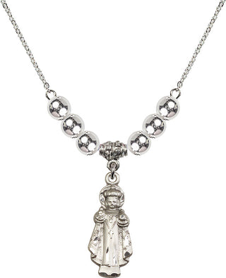 18" Rhodium Plated Necklace with 6mm Sterling Silver Beads featuring a Sterling Silver Infant of Prague Medal.