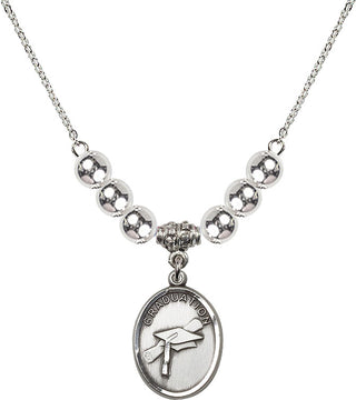 18" Rhodium Plated Necklace with 6mm Sterling Silver Beads featuring a Sterling Silver Graduation Medal.