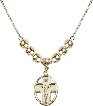 18" Hamilton Gold Plated Necklace with 6mm 14kt Gold Filled Beads featuring a 14kt Gold Filled Crucifix Medal.