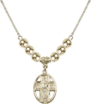 18" Hamilton Gold Plated Necklace with 6mm 14kt Gold Filled Beads featuring a 14kt Gold Filled 5-Way / Holy Spirit Medal.