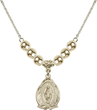 18" Hamilton Gold Plated Necklace with 6mm 14kt Gold Filled Beads featuring a 14kt Gold Filled Miraculous Medal.