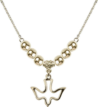 18" Hamilton Gold Plated Necklace with 6mm 14kt Gold Filled Beads featuring a 14kt Gold Filled Holy Spirit Medal.