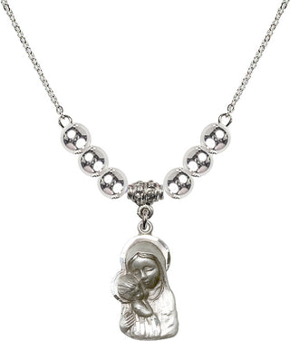 18" Rhodium Plated Necklace with 6mm Sterling Silver Beads featuring a Sterling Silver Madonna & Child Medal.