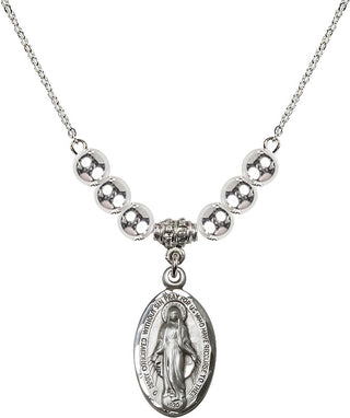 18" Rhodium Plated Necklace with 6mm Sterling Silver Beads featuring a Sterling Silver Miraculous Medal.