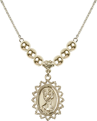 18" Hamilton Gold Plated Necklace with 6mm 14kt Gold Filled Beads featuring a 14kt Gold Filled Saint Christopher Medal.