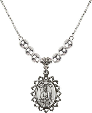 18" Rhodium Plated Necklace with 6mm Sterling Silver Beads featuring a Sterling Silver Saint Jude Medal.