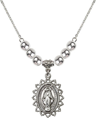 18" Rhodium Plated Necklace with 6mm Sterling Silver Beads featuring a Sterling Silver Miraculous Medal.