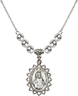 18" Rhodium Plated Necklace with 6mm Sterling Silver Beads featuring a Sterling Silver Scapular Medal.